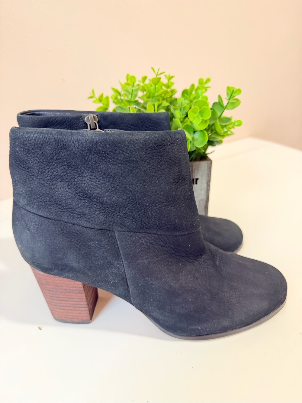 Cole Haan Black Suede Ankle Booties with Brown Stacked Heel